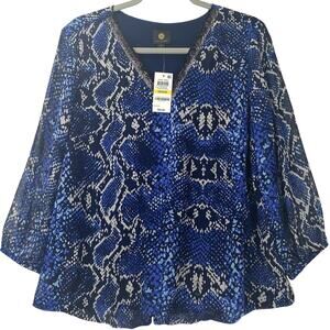 JM Collection Blouse Size M Blue Python Print VNeck Shimmer Trim Flowy Lined NWT